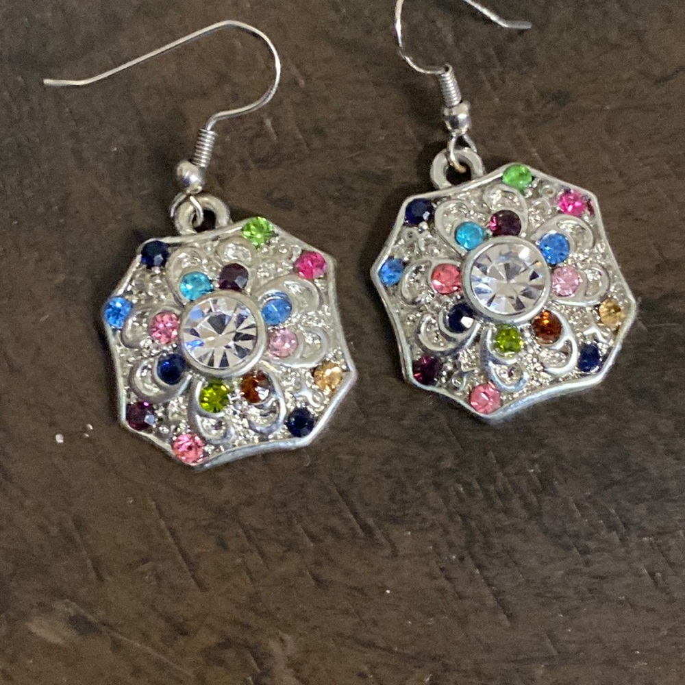 Multi Color Rhinestone Silver Tone Pierced dangle earrings - Picture 1 of 3